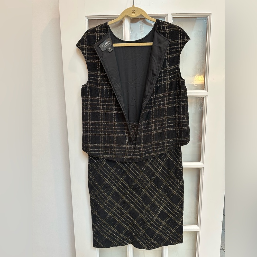 St. John Couture Collection Black Gold Metallic Shimmer Wool Dress Size 10 Med - Picture 7 of 16